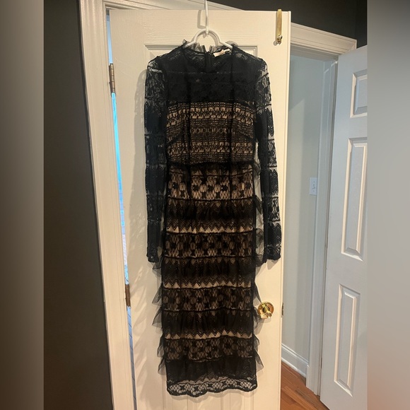 Anthropologie Forever That Girl Black Lace Long Sleeve Tiered Midi Dress M - Picture 7 of 12